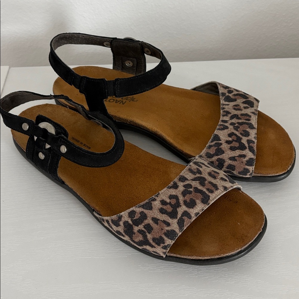 Naot Sabrina Leopard Print Sandals with Black Straps